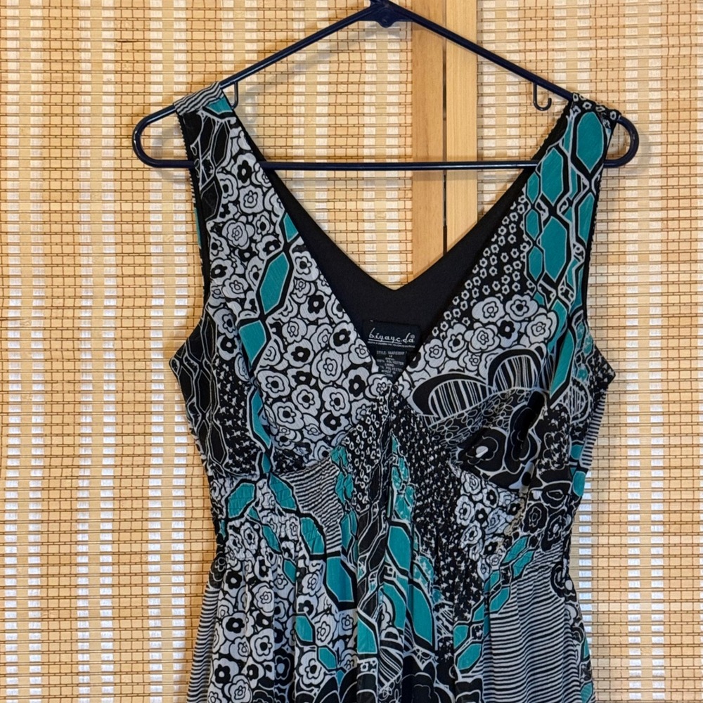 Biyaycda Teal Black Floral Patchwork Smocked Waist Midi Dress Women's 12 Resort - Picture 2 of 9